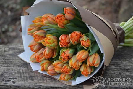 Букет из 25 пионовидных тюльпанов "Оранжевый экспресс"